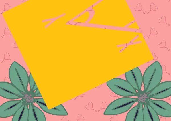 Sammansättning Gult Kort Med Kopieringsutrymme Och Växter Rosa Hjärtan Bakgrund — Stockfoto