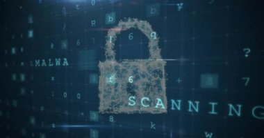Karanlık arka plandaki veri işleme üzerinde asma kilit animasyonu. küresel iletişim ve veri güvenliği konsepti dijital olarak oluşturulmuş video.