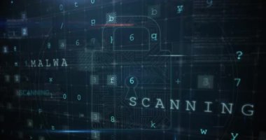 Karanlık arka plandaki veri işleme üzerinde asma kilit animasyonu. küresel iletişim ve veri güvenliği konsepti dijital olarak oluşturulmuş video.