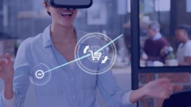 Animation of network of connections with icons over happy caucasian businesswoman using vr headset. global business, finances, connections and digital interface concept digitally generated video.