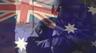 Zırhlı Kafkas askerleri üzerinde Avustralya bayrağının animasyonu. savaş, ordu, kamu savunması ve vatanseverlik kavramı dijital olarak oluşturulmuş video.