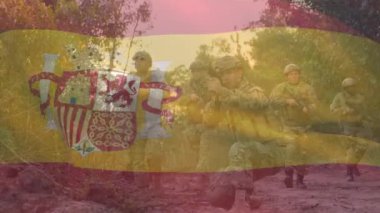 İspanya bayrağının farklı zırhlı askerlerin üzerinde canlandırılması. savaş, ordu, kamu savunması ve vatanseverlik kavramı dijital olarak oluşturulmuş video.