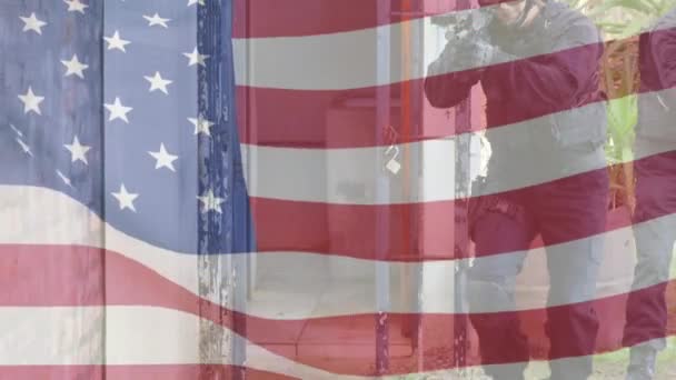 Animacja Flagi Usa Nad Białymi Żołnierzami Zbroi Wojna Armia Obrona — Wideo stockowe