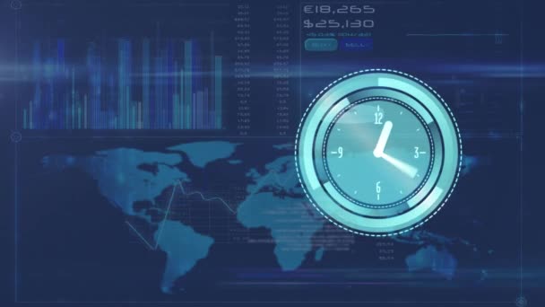 Animação Processamento Dados Relógio Mapa Fundo Marinha Conceito Global Comunicação — Vídeo de Stock