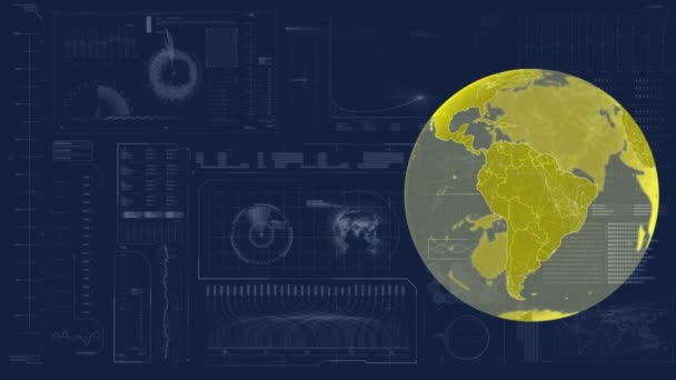 Animation Globe Data Processing Navy Background Globális Kommunikációs Adatbiztonsági Koncepció — Stock videók