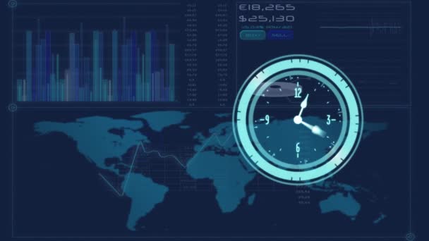 Animacja Przetwarzania Danych Zegarowych Map Tle Marynarki Wojennej Globalna Koncepcja — Wideo stockowe