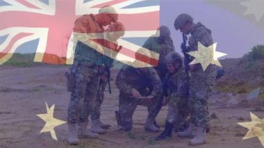 Zırhlı çeşitli askerlerin üzerinde Avustralya bayrağının canlandırılması. savaş, ordu, kamu savunması ve vatanseverlik kavramı dijital olarak oluşturulmuş video.