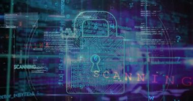 Donanmanın arka planında asma kilit ve veri işleme animasyonu. küresel iletişim ve veri güvenliği konsepti dijital olarak oluşturulmuş video.