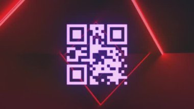 Kırmızı uzayda neon şekillerin ve qr kodlarının animasyonu. İletişim, bilgi, teknoloji ve dijital arayüz konsepti dijital olarak oluşturulmuş video.
