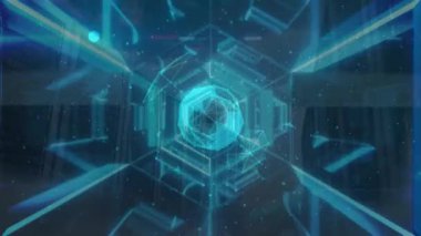 Mavi ve siyah hareket alanlarında dönen blokların animasyonu. renk, hareket ve dijital arayüz kavramı dijital olarak oluşturulmuş video.