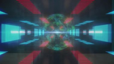 Dijital uzayda hareket eden küre ve ışıkların animasyonu. renk, hareket ve dijital arayüz kavramı dijital olarak oluşturulmuş video.