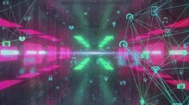 Neon dijital uzayda hareket eden teknoloji simgeleriyle bağlantı ağının animasyonu. İletişim, bilgi, teknoloji ve dijital arayüz konsepti dijital olarak oluşturulmuş video.