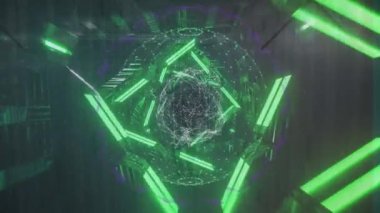 Bağlantılar ağının animasyonu ve dijital uzayda dönen neon şekilleri. renk, hareket ve dijital arayüz kavramı dijital olarak oluşturulmuş video.