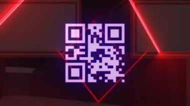 Kırmızı dijital uzayda hareket eden neon qr kodunun animasyonu. İletişim, bilgi, teknoloji ve dijital arayüz konsepti dijital olarak oluşturulmuş video.