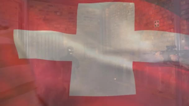 Animation Der Flagge Der Schweiz Über Verschiedenen Soldaten Mit Panzerung — Stockvideo