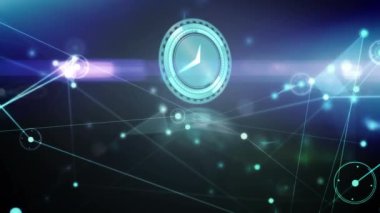 Dijital siyah ve mavi uzayda hareket eden saatle bağlantı ağının animasyonu. küresel bağlantılar, veri işleme ve teknoloji konsepti dijital olarak oluşturulmuş video.