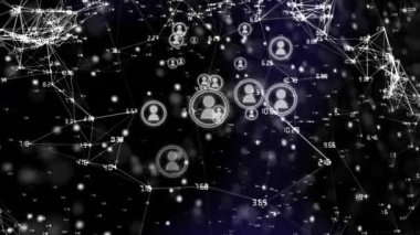 Dijital siyah ve mor uzaydaki simgelerle bağlantı ağının animasyonu. küresel bağlantılar, veri işleme ve teknoloji konsepti dijital olarak oluşturulmuş video.