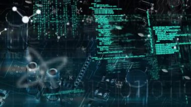 Veri işleme ile dijital siyah uzayda moleküllerle bağlantı ağının animasyonu. küresel bağlantılar, bilim, veri işleme ve teknoloji konsepti dijital olarak oluşturulmuş video.