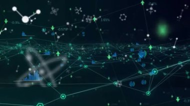 Dijital siyah uzayda moleküller ve çeşitli verilerle bağlantı ağının animasyonu. küresel bağlantılar, bilim, veri işleme ve teknoloji konsepti dijital olarak oluşturulmuş video.