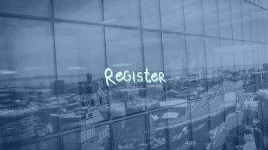 Yapı ve şehir manzarası üzerinde çizgiler olan metin animasyonu. çevrimiçi ağ, internet ve sosyal medya konsepti dijital olarak oluşturulmuş video.