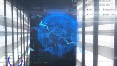 Parlayan bilgisayar sunucuları üzerinde veri işleme ile parlayan dünyanın animasyonu. küresel bağlantılar, dijital arayüz ve dijital olarak oluşturulmuş video konsepti.