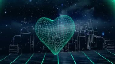 Kalp şeklinin animasyonu ve parlayan bilgisayar sunucuları üzerinde veri işlenen 3D şehir manzarası. küresel bağlantılar, dijital arayüz ve dijital olarak oluşturulmuş video konsepti.