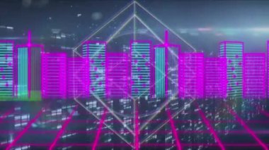 Parlayan bilgisayar sunucuları üzerinde veri işleme ile geometrik figürler ve 3d şehir manzarası animasyonu. küresel bağlantılar, dijital arayüz ve dijital olarak oluşturulmuş video konsepti.