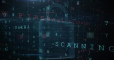 Donanmanın arka planında asma kilit ve veri işleme animasyonu. küresel iletişim ve veri güvenliği konsepti dijital olarak oluşturulmuş video.