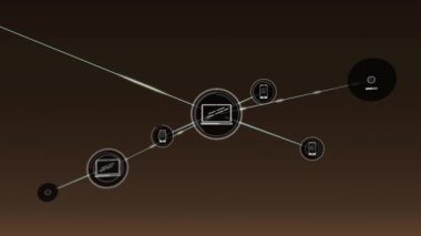 Kahverengi arkaplan üzerindeki simgelerle bağlantı ağının animasyonu. küresel ağlar, bağlantılar ve dijital arayüz konsepti dijital olarak oluşturulmuş video.