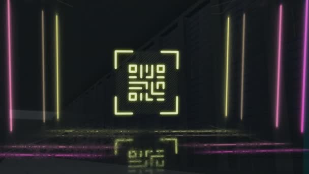 神经元Qr代码和线条在黑色数字空间中移动的动画 技术和数字接口概念 — 图库视频影像