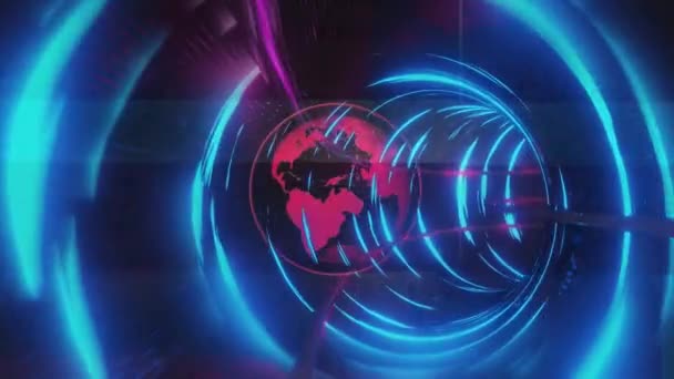 Animasi Dunia Berputar Atas Terowongan Yang Terbuat Dari Lampu Biru — Stok Video
