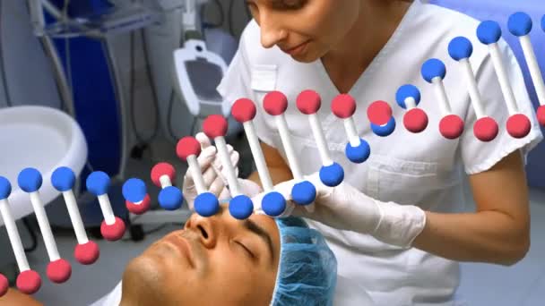 Animation Dna Strand Caucasian Female Doctor Biracial Man Having Botox — Stockvideo