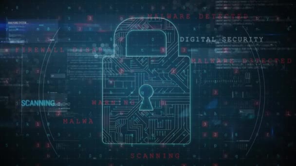 サイバー攻撃の警告 オンラインセキュリティ南京錠とデータ処理のアニメーション 世界規模の接続 デジタルインターフェイス デジタルで生成されたビデオ — ストック動画