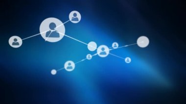 Mavi arkaplan üzerinde insan simgeleriyle bağlantı ağının animasyonu. küresel ağlar, bağlantılar ve dijital arayüz konsepti dijital olarak oluşturulmuş video.