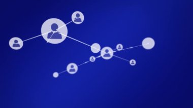 Mavi arkaplan üzerinde insan simgeleriyle bağlantı ağının animasyonu. küresel ağlar, bağlantılar ve dijital arayüz konsepti dijital olarak oluşturulmuş video.