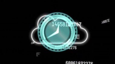 Siyah arka planda hareket eden saatin ve bulutun animasyonu. Sosyal medya ve iletişim arayüzü kavramı dijital olarak oluşturulmuş video.