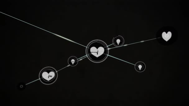 Animacja Sieci Połączeń Ikonami Czarnym Tle Globalne Sieci Połączenia Koncepcja — Wideo stockowe