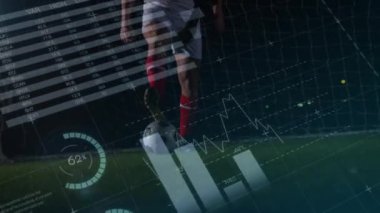Kafkas erkek futbolcu üzerinde veri işleme animasyonu. global spor ve dijital arayüz konsepti dijital olarak oluşturulmuş video.