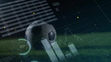 Spor stadyumunda futbol üzerinden veri işleme animasyonu. global spor ve dijital arayüz konsepti dijital olarak oluşturulmuş video.