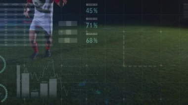 Kafkas erkek futbolcu üzerinde veri işleme animasyonu. global spor ve dijital arayüz konsepti dijital olarak oluşturulmuş video.