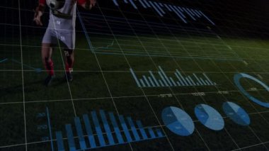 Kafkas erkek futbolcu üzerinde veri işleme animasyonu. global spor ve dijital arayüz konsepti dijital olarak oluşturulmuş video.