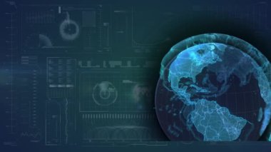 Çeşitli verilerle mavi arkaplan üzerinde dönen dünyanın animasyonu. küresel iş, teknoloji ve veri işleme kavramı dijital olarak oluşturulmuş video.
