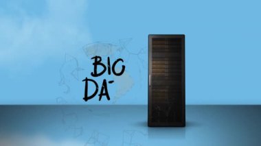 Büyük veri metninin animasyonu, bilgisayar sunucusu ve bulutların ve gökyüzünün üzerindeki dünya. küresel bağlantılar ve veri işleme konsepti dijital olarak oluşturulmuş video.