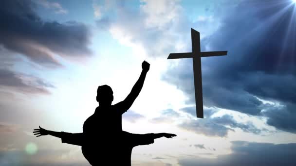 Animation Silhouette Des Hommes Sur Les Nuages Croix Religion Foi — Video