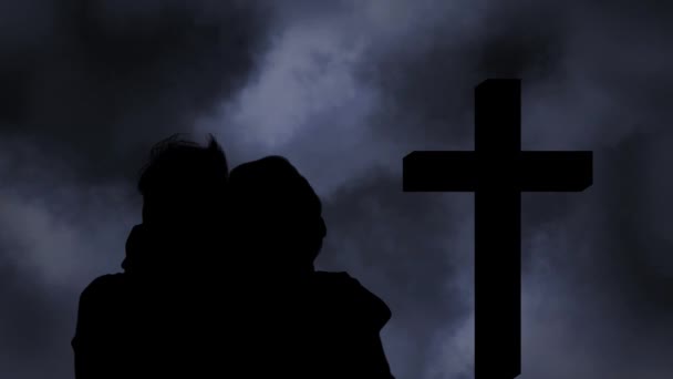 Animation Silhouette Homme Avec Enfant Sur Les Nuages Croix Religion — Video