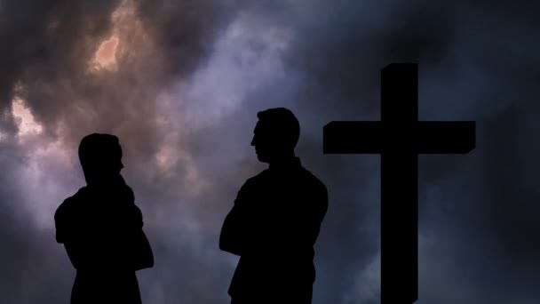 Animación Silueta Pareja Sobre Nubes Cruz Concepto Religión Vídeo Generado — Vídeos de Stock