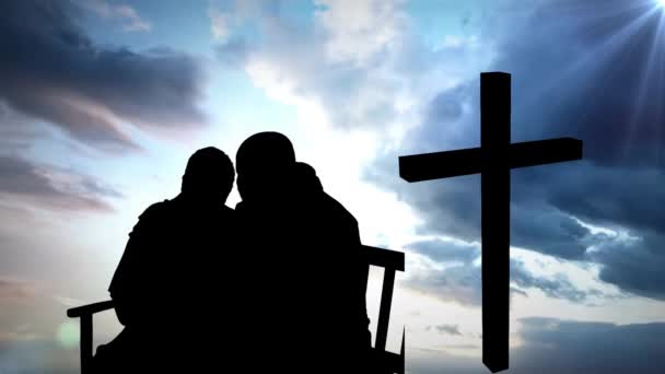 Animatie Van Het Silhouet Van Paar Boven Wolken Kruis Religie — Stockvideo