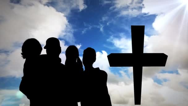 Animatie Van Silhouet Van Familie Boven Wolken Kruis Religie Geloof — Stockvideo