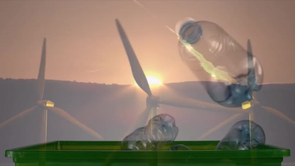 Animación Reciclado Verde Firmar Sobre Caja Con Cajas Plástico Aerogeneradores — Vídeo de stock