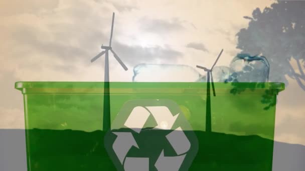 Animation Panneau Recyclage Vert Avec Des Boîtes Plastique Des Éoliennes — Video